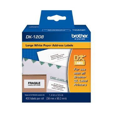 Picture of Brother DK1208 N/A 1.4" x 3.5" / 38mm x 90.3mm Die-cut Large White Paper Address Labels (800 pcs)